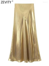 Skirts ZEVITY 2024 Women Fashion Shinning Metallic Colour Casual Slim A Line Skirt High Waist Female Vintage Midi Mujer QUN5763