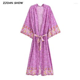 Women's Swimwear 2024 BOHO Small Flower Print Long Kimono Shirt Ethnic Full Sleeve Tie Bow Sashes Holiday Cardigan Loose Cape Beach Shawl