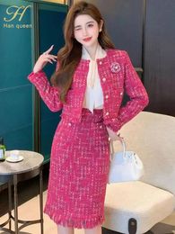 H Han Queen Autumn Winner Tweed Suit Women's Single-Breasted Jacket Short Pencil Skirts Casual Party Office 2 Pieces Set 240109