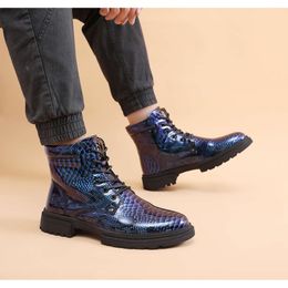 Stivali con plateau da uomo con plateau e glitter di qualità da uomo alla caviglia firmati Snake alla moda in pelle verniciata blu