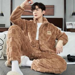 Men's Long Plush Pyjamas Plaid Flannel Pyjama Pants 2 Piece Home Wear Man Velvet Thickened Sleepwear Zipper Pj Autumn And Winter 240109