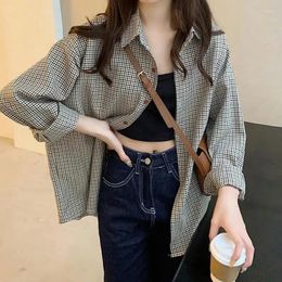 Women's Blouses MEXZT Plaid Shirts Women Retro Turn Down Collar Long Sleeve Loose Harajuku Korean Office Lady Basic Casual Baggy Tops