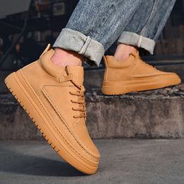 Quality Genuine Leather Sneakers Man Trend High Top Platform Casual Shoes for Men Fashion Yellow Men's Ankle Boots