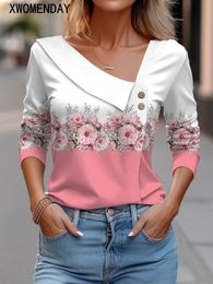 T Shirt For Women Fashion Long Sleeve Top White Floral Print Shirts And Blouses Autumn Winter Clothes For Women 240110