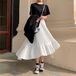 Skirts Women Elastic Plus Size Ruffles Korean Vintage Harajuku Long Female Solid Chiffon Pleated Autumn High Waist Midi Skirt