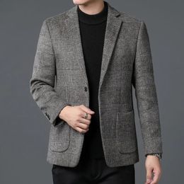 Autumn Winter Men Classic Plaid Sheep Wool Blazers Male Grey Coffee Checked Pattern Cashmere Blended Suit Jackets Outfits 240110