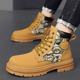 Autumn Winter Yellow Men's High Top Fashion Bear Leather Ankle for Men Casual Platform Boots Man Outdoor Boot