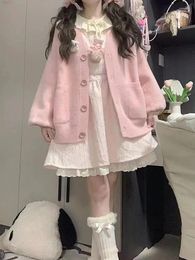 Work Dresses Autumn Korean Kawaii Dress Sets Women Japanese Sweet Princess Suit Female Lace Elegant Party Long Sleeve Pink Coat