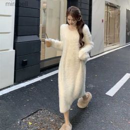 Basic Casual Dresses 2023 Autumn Winter Women New Fashion Mink Velvet Loose Dress Female Long Sweater Vestidos Ladies V-neck Knitted A439 YQ240110