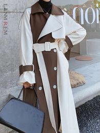 LANMREM Women Colour Block Trench Coat Double Breasted Patchwork Spring Winter Female Fashion Streetwear Windbreaker 2C740 240109