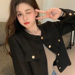 Deeptown Cropped Tweed Jacket Women Vintage Aesthetic Korean Fashion Harajuku Chic Elegant Jackets Autumn Winter Cardigan Coat 240109