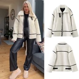 PB ZA Autumn Women's Wear European and American Style Casual Fur Lamb Wool Contrast Colour Plush Warm Jacket C 240110