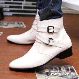 Fashion White Heel for Men Trendy High Top Pointed Toe Men's Leather Shoes Hasp Zip Comfortable Man Ankle Boots