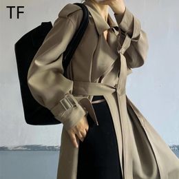 Kvinnor Uncnonged Long Trench Coat Spring Autumn Khaki Windbreaker With Belt Korean Fashion Loose Mid Length Outerwear Femme 240109
