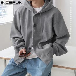 INCERUN Tops Korean Style Mens Solid Loose Fitting Hooded Button Design Sweater Casual All-match Sweatshirts S-5XL 240110