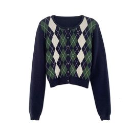 Vintage Y2K Diamond Cheque Cropped Cotton Cardigan Sweater Women 240109