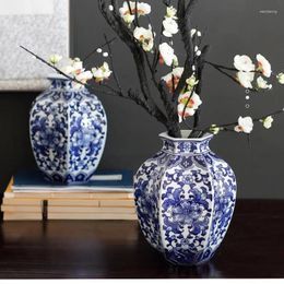 Vases Chinese Style Vase Blue And White Porcelain Home Decoration Retro Hand Drawn Ceramic Multilateral Big Belly