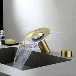 Bathroom Sink Faucets Waterfall Faucet Solid Brass 3 Hole Double Handle Basin Vanity LED &Cold Water Mixer Short Brushed Gold