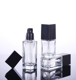 15 20 30 40ML Empty Clear Square Glass Emulsion Essence Bottle With Black Pump Head Cosmetic Containers For Lotion Cleanser Body C3776721