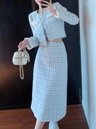 Work Dresses 2024 Autumn Women Blue Plaid Two Piece Set Single-Breasted Tweed Cropped Top Jacket Coat High Waist Long Skirt Suit