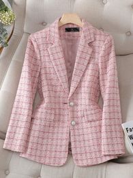 Long Sleeve Autumn Winter Women Blazer Ladies Pink Beige Plaid Female Casual Jacket Coat 240109