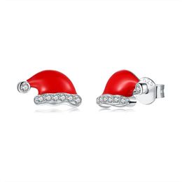 Earrings Santa Hat Cute Crystal Red Enamel Stud Earrings 925 Sterling Silver Rhinestone for Women Xmas Jewellery Christmas Gift for Girls