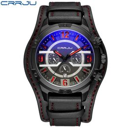 CRRJU Men Six-pin Chronograph Sport Quartz Watches Male Fashion Gift Wristwatch with Leather Strap Military Clock erkek saatleri241e