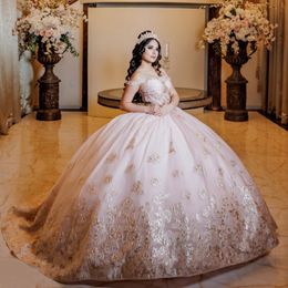 Light Pink Ball Gown Quinceanera Dress 2024 Gold Appliques Beads Off Shoulder Sweet 15 16 Years Vestidos De XV Anos Prom Princess
