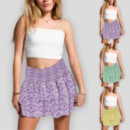 Skirts 2024 Womens Fashion Printed Mini Skirt Pleated Ruffle Y2k Ladies Sweet Miniskirt High Waist A-Line Short