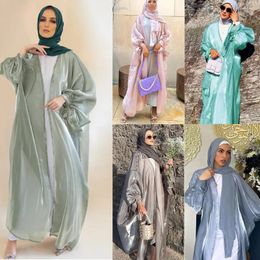 Ethnic Clothing Elegant Open Abaya Kimono For Women Satin Balloon Sleeve Long Dress Cardigan Muslim Dubai Arab Summer Party Outfit Ramadan