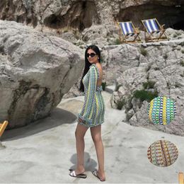 Casual Dresses Striped Backless Mini Dress Women Contrast Sexy Flare Sleeve Vacation 2024 Horn Beach Y2K Women's