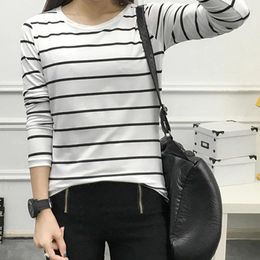 Women's T Shirts Womens Cotton Long Sleeve Autumn O-Neck Striped Female Shirt Femme Clothing White Black Casual Basic Classic Tops Tee