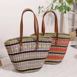 Shoulder Bags Retro Old Flower Stripe One Shoulder Str Woven Bag New Temperament Handheld Woven Bag Women's Beach Holiday Beach Bagstylishhandbagsstore