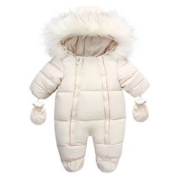 Winter Baby Rompers Thick Warm Infant Hooded Inside Fleece Jumpsuit born Boy Girl Overalls Toddler Clothing Set 240109