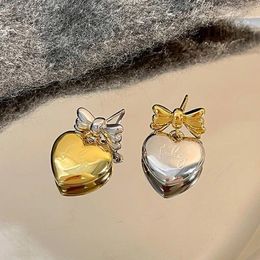 Dangle Earrings Two Tones Heart Bowknot For Women Cute Kawaii Minimalist Luxury Designer Jewelry 2024