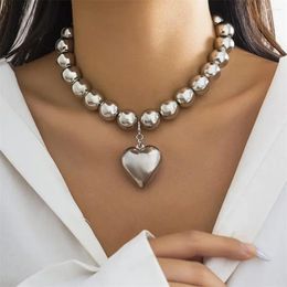 Pendant Necklaces Boho Punk Silver Colour Big Bead Chain Heart Necklace For Women Vintage Fashion Female Baroque Hip Hop Choker Jewellery