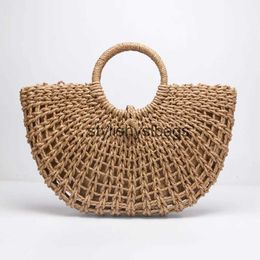 Totes New str bag paper rope round bucket hollow woven retro casual belt buckle handstylishyslbags