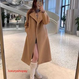 Maxmaras Women's Wrap Coat Camel Hair Coats 23fw New Manuela Solid Colour Polo Collar Long Sleeve Tunic Waist Mid Length Woollen Coat for Women RJHM