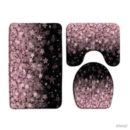 Shower Curtains Pink Flowers Cherry Blossoms Print Fabric Shower Curtains Bathroom Curtain Set Anti-skid Rugs Carpet Toilet Lid Cover Bath Mat