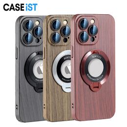 Caseist 2024 Wooden Grain Phone Case Lens Film Protect Carbon Fibre Wood Pattern PC Mobile Covers with Magnetic Stand Holder for Iphone 15 14 13 12 Pro Max Plus