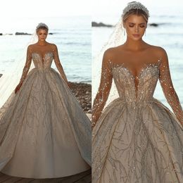 Dubai Sparkly Beaded Gown Wedding Dress Nude Jewel Neck Long Sleeve Princess Dresses Vintage Arabic Sequins Bridal Gowns 0505