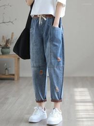 Women's Jeans Version Hole Elastic Waist Casual Haren Pants Ankle Length Trousers For Women High Waisted Baggy Ripped Denim
