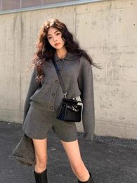 Women's Tracksuits Sweet Girl Casual Suit Winter Gray Long-sleeved Cardigan High Waisted Straight Leg Shorts Fashion Two-piece Set