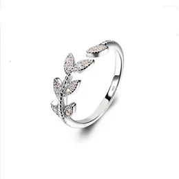 Cluster Rings S925 Sterling Silver Ring Small Fresh And Sweet Temperament Feather Leaf Diamond Open Tail Jewelry Wholesale