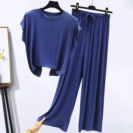 Women's Two Piece Pants 2 Pcs/Set Women Summer Tracksuit Loose Round Neck Home Wear O Top Set Female Garment