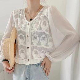 Women's Blouses Womens Hollow Out Crochet Lace Patchwork Cropped Cardigan Puff Long Sleeve V-Neck Button Down Shirts H7EF