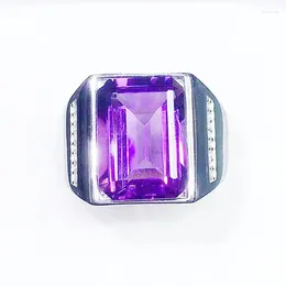 Cluster Rings Men Ring Natural Real Amethyst Rectangle Style 925 Sterling Silver 10 14mm 8ct Gemstone Fine Jewellery X239271