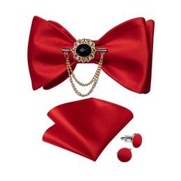 Wedding Red Solid Bowtie for Man Silk Pocket Square CufflinksBrooch Set Fashion Men's Self-tie Bow Tie Adjustable Butterfly Knot 240109