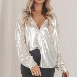 Women's Blouses Imcute Shiny Metallic Blouse For Women Long Sleeve V Neck Button Down Shirts Top Casual Loose Sparkly Disco Party Club Wear