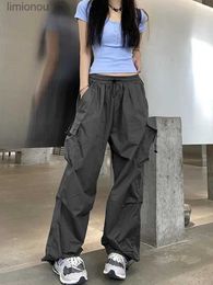 Women's Pants Capris Vintage Women Drstring Loose Wide Leg Trousers Harajuku Jogging Y2K Pants Streetwear Straight Lady Clothes Simple Casual PantsL240110